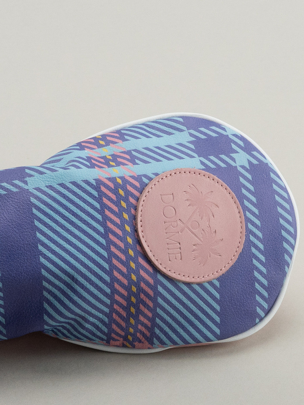 Pink yellow and blue plaid golf club headcover with pink Dormie badge