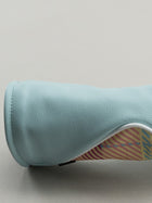 Blue leather headcover with yellow, pink and blue plaid window