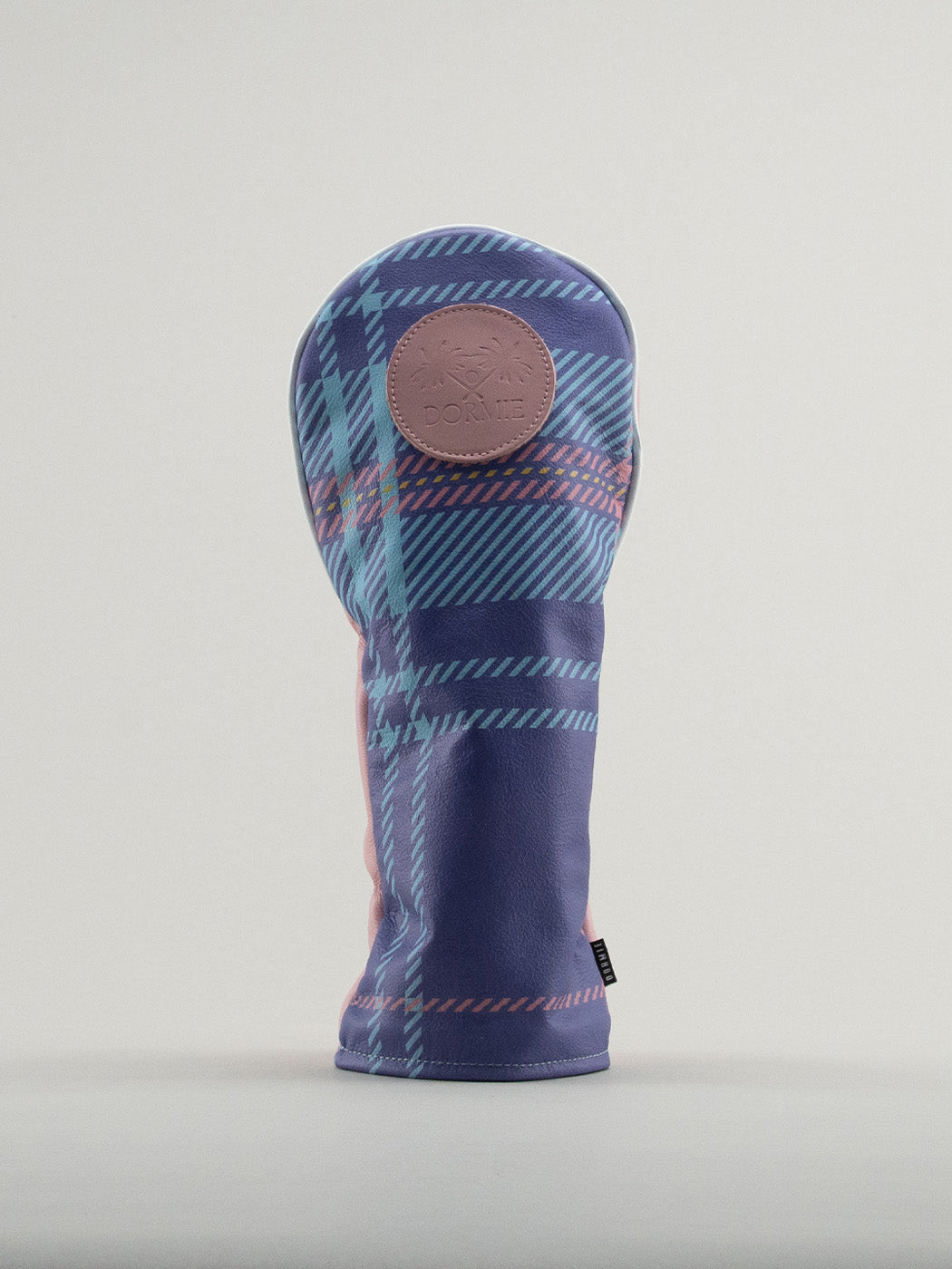Pink yellow and blue plaid golf club headcover with pink Dormie badge