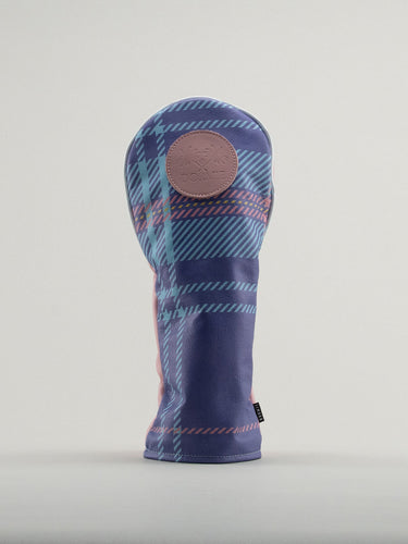 Pink yellow and blue plaid golf club headcover with pink Dormie badge
