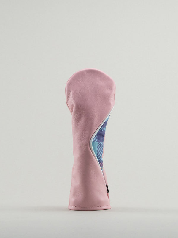 Pink golf club head cover with a pink yellow and blue plaid window