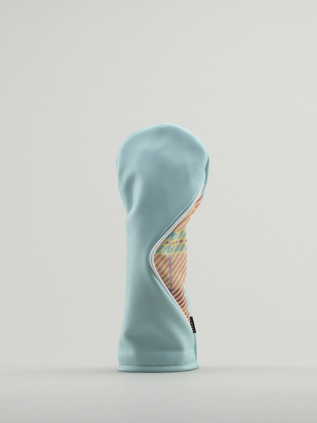 Blue leather headcover with yellow, pink and blue plaid window