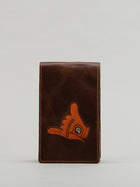 Brown leather yardage book with orange shaka glove embroidery