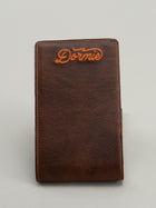 Brown leather yardage book with Dormie embroidery