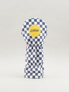 Reverse of checkered golf club headcover showing yellow Dormie badge