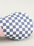 Golf club headcover with checkered pattern and pink and yellow stripes