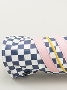 Golf club headcover with checkered pattern and pink and yellow stripes