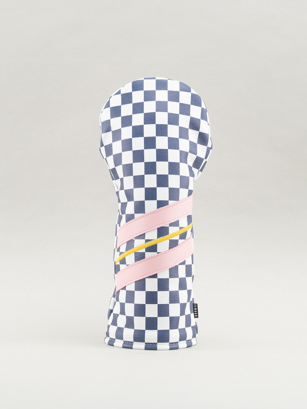 Golf club headcover with checkered pattern and pink and yellow stripes