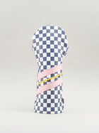 Golf club headcover with checkered pattern and pink and yellow stripes