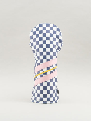 Golf club headcover with checkered pattern and pink and yellow stripes