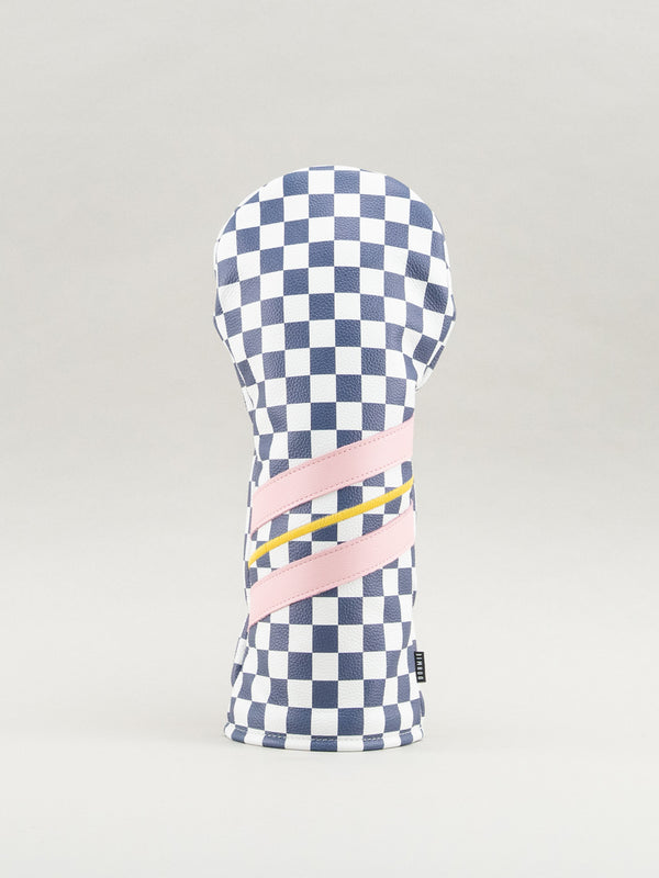Golf club headcover with checkered pattern and pink and yellow stripes