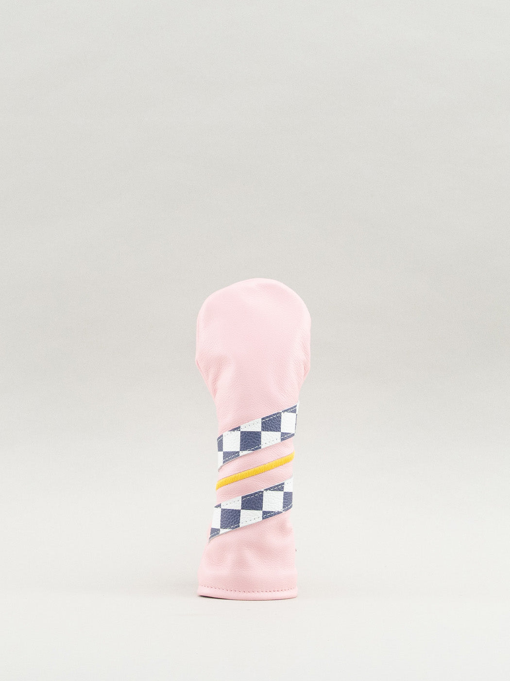 Pink dormie workshop golf head cover with checkered and yellow stripes