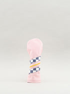 Pink dormie workshop golf head cover with checkered and yellow stripes