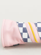 Pink dormie workshop golf head cover with checkered and yellow stripes