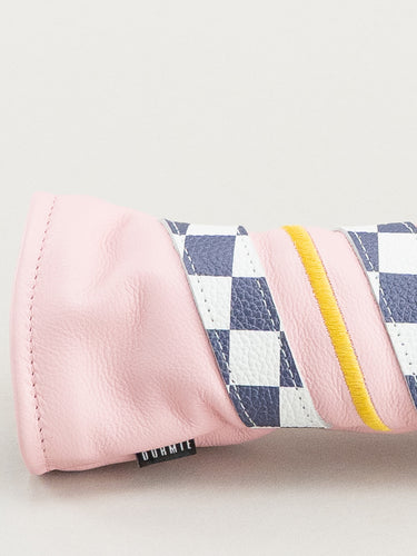 Pink dormie workshop golf head cover with checkered and yellow stripes