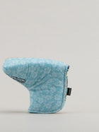 Beige and blue golf club headcover with floral print pattern showing
